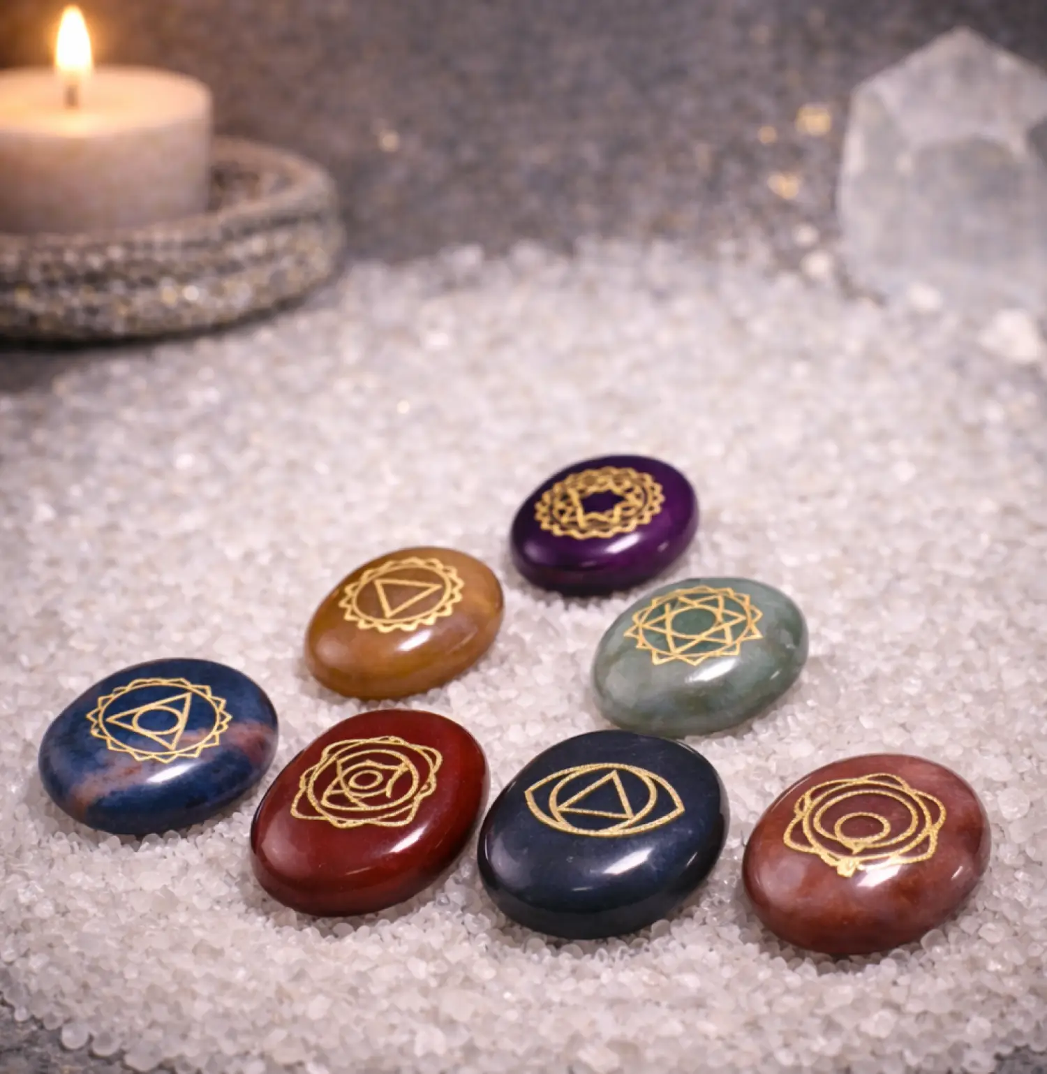 7 Chakra Symbol Coins Engraved Set (Enhanced Meditation Practice) - Image 2