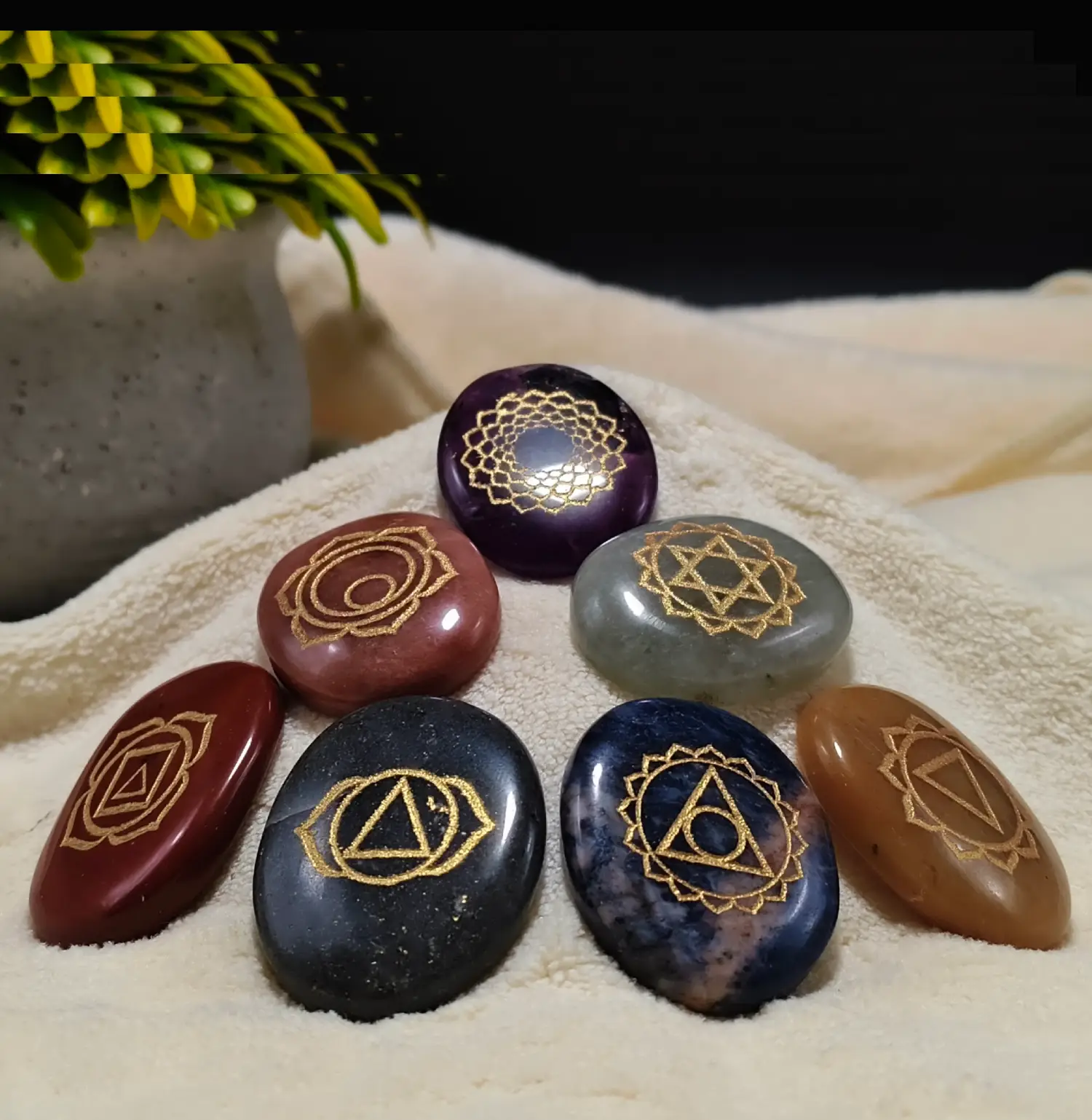 7 Chakra Symbol Coins Engraved Set (Enhanced Meditation Practice)